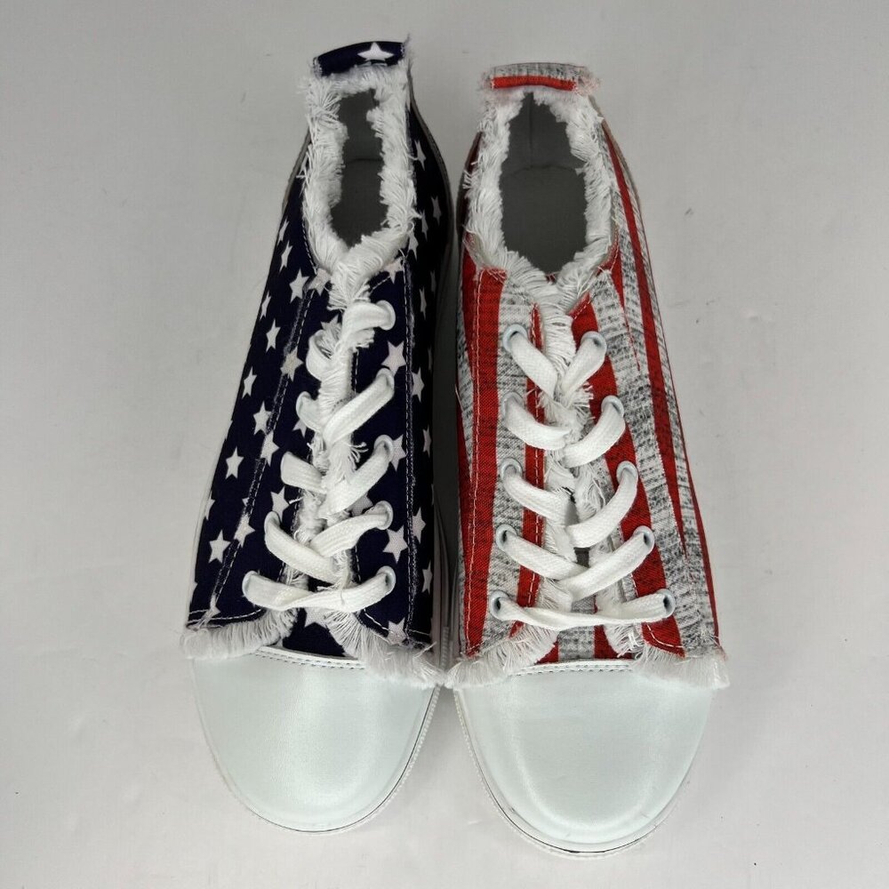 Womens Blue Red Star Striped Pattern Low Top Lace Up Flat Size 7 Canvas Sneakers - Picture 4 of 8